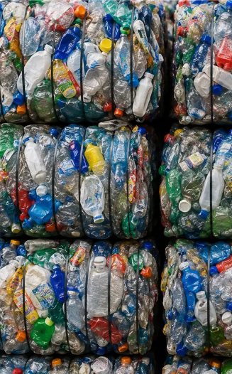 Baled plastic bottles ready for recycling